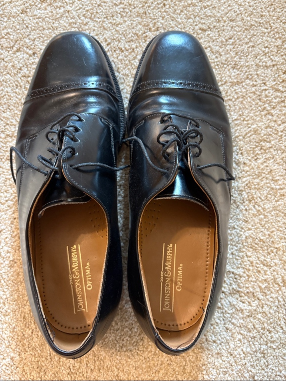 Johnston & Murphy Black Leather Cap-Toe Derbys